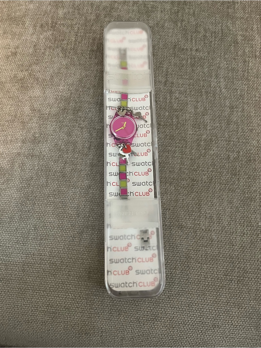 Swatch Club 1980s FLORIDA BREEZE Pink and Lime Green Charm Bracelet Watch, Rare!